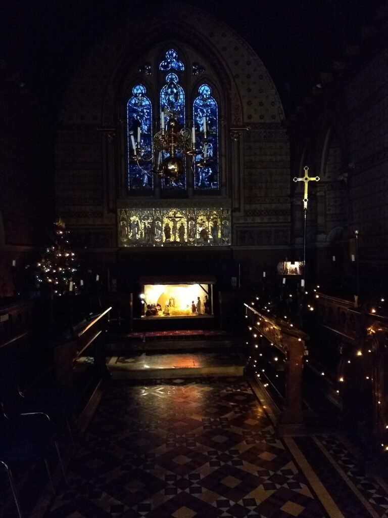 Crib display light up at the front of the church