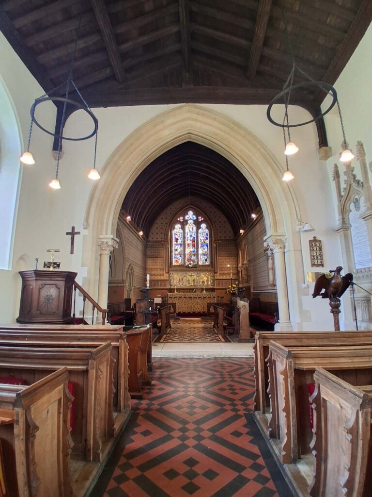 A view of the church aisle looking toward the altar.