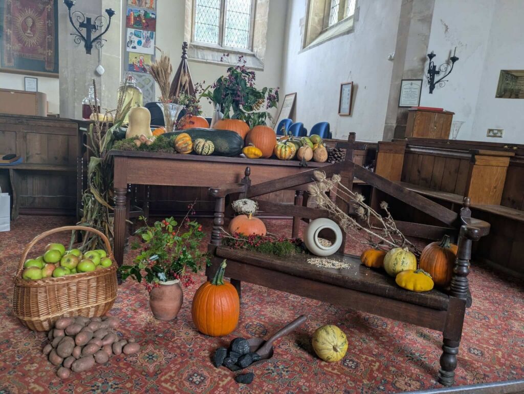 Harvest Display - Flowers, Fruit and Veg on Table and Chair