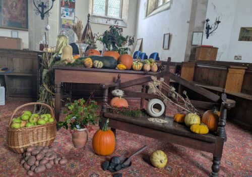 Harvest Display - Flowers, Fruit and Veg on Table and Chair